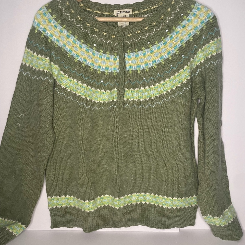 St. John's Bay Olive & Light Blue Fair Isle Crewneck Sweater